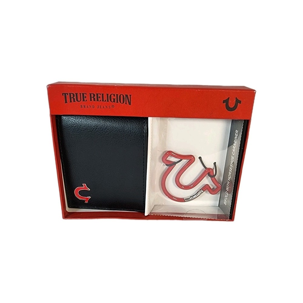 Mens‎ True Religion Black/Red Altro Leather Bifold And Horseshoes Carabiner New